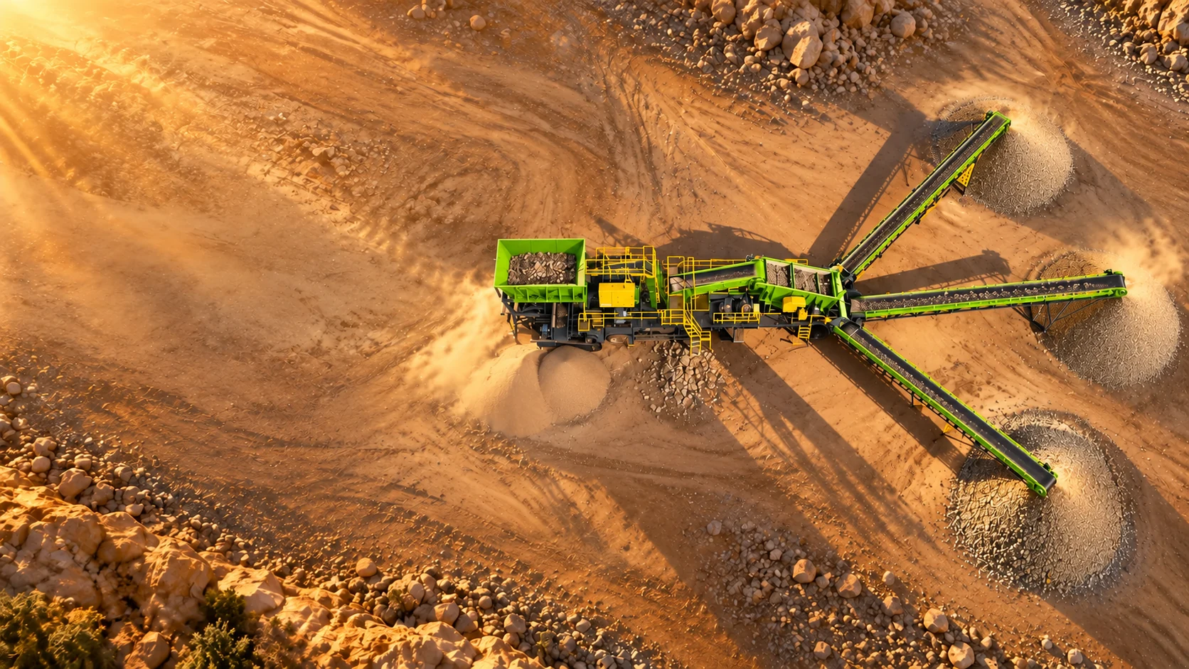 Planta móvel de britagem e triagem em operação, vista de cima